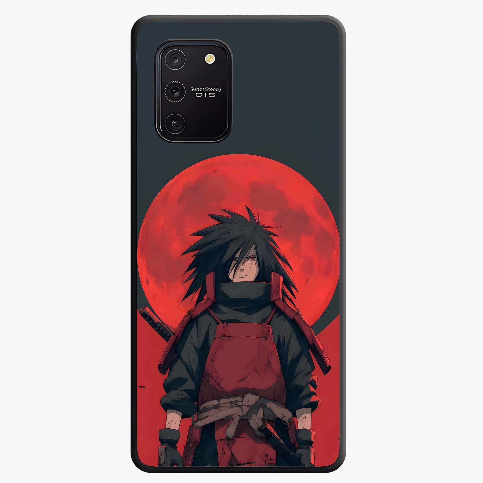 Crimson Moon Warlord Glass Case showing flat back view with mystical moon warrior artwork and glossy glass finish.