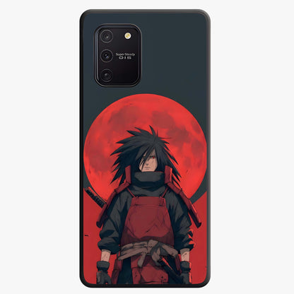 Crimson Moon Warlord Glass Case showing flat back view with mystical moon warrior artwork and glossy glass finish.