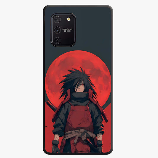 Crimson Moon Warlord Glass Case showing flat back view with mystical moon warrior artwork and glossy glass finish.
