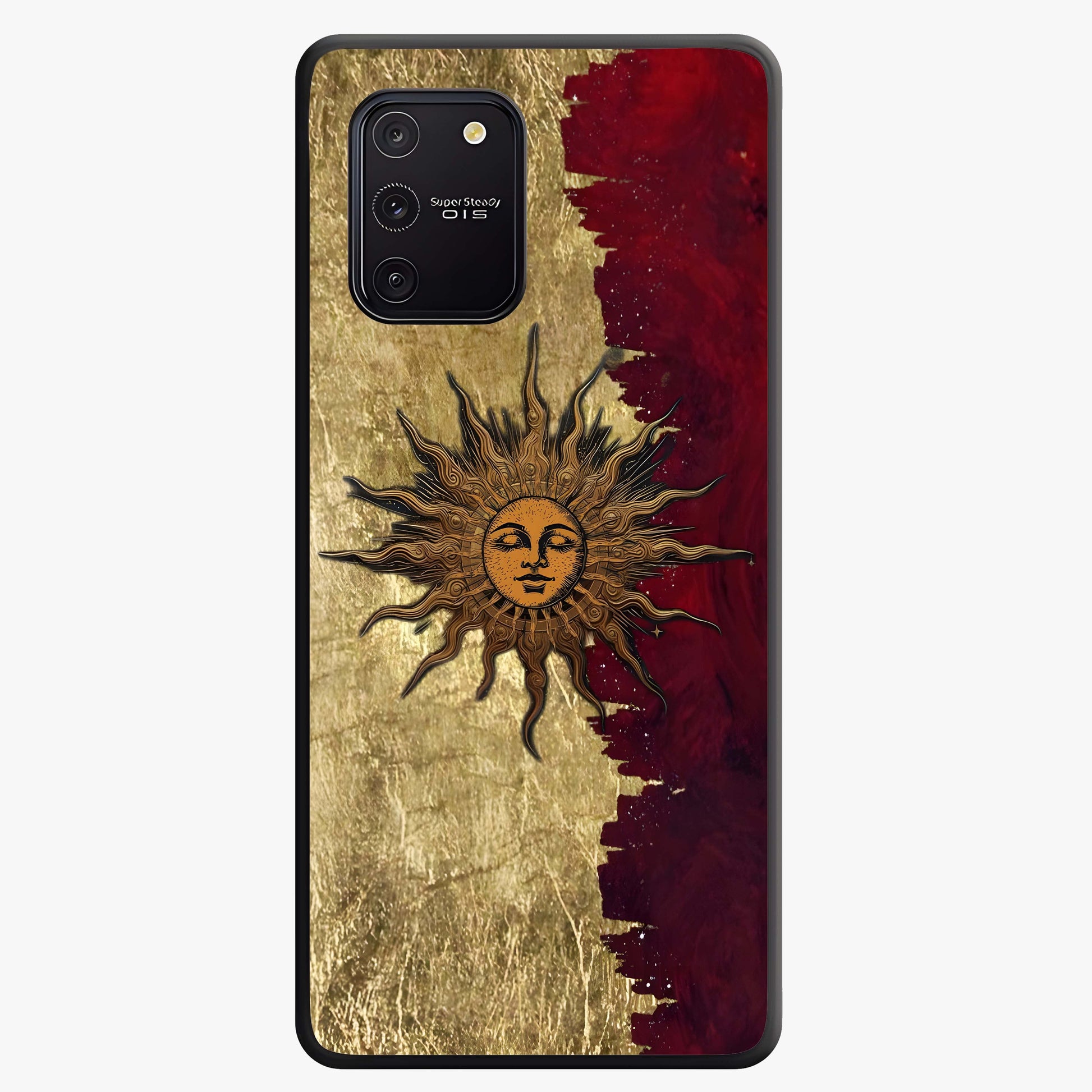 Crimson Sun Majesty Glass Case showing flat back view with radiant sun inspired artwork and glossy glass finish.