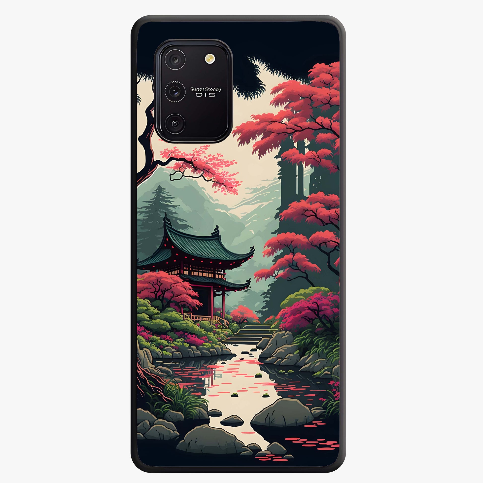 Crimson Temple View Glass Case showing flat back view with temple inspired artwork and glossy glass finish.