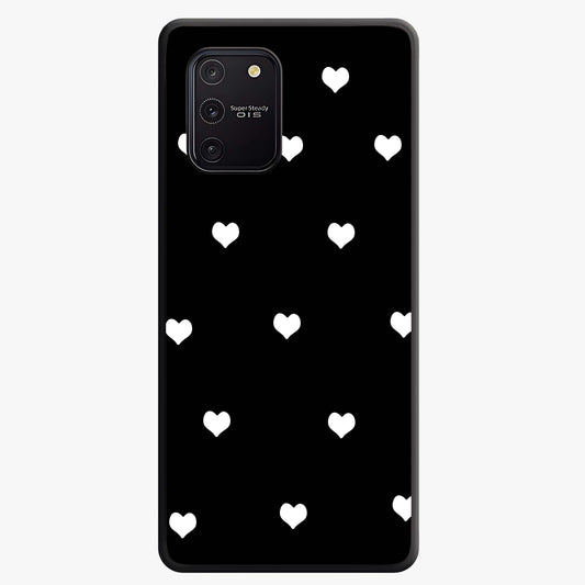 Cute And Simple White Hearts Glass Case showing flat back view with minimal white heart pattern and glossy glass finish.