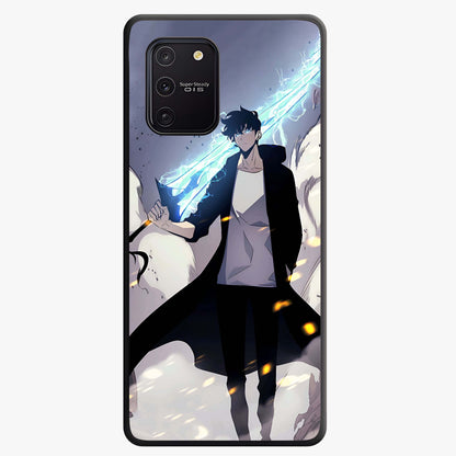 Dark Lightning Anime Warrior Glass Case showing flat back view with intense anime warrior artwork and glossy glass finish.