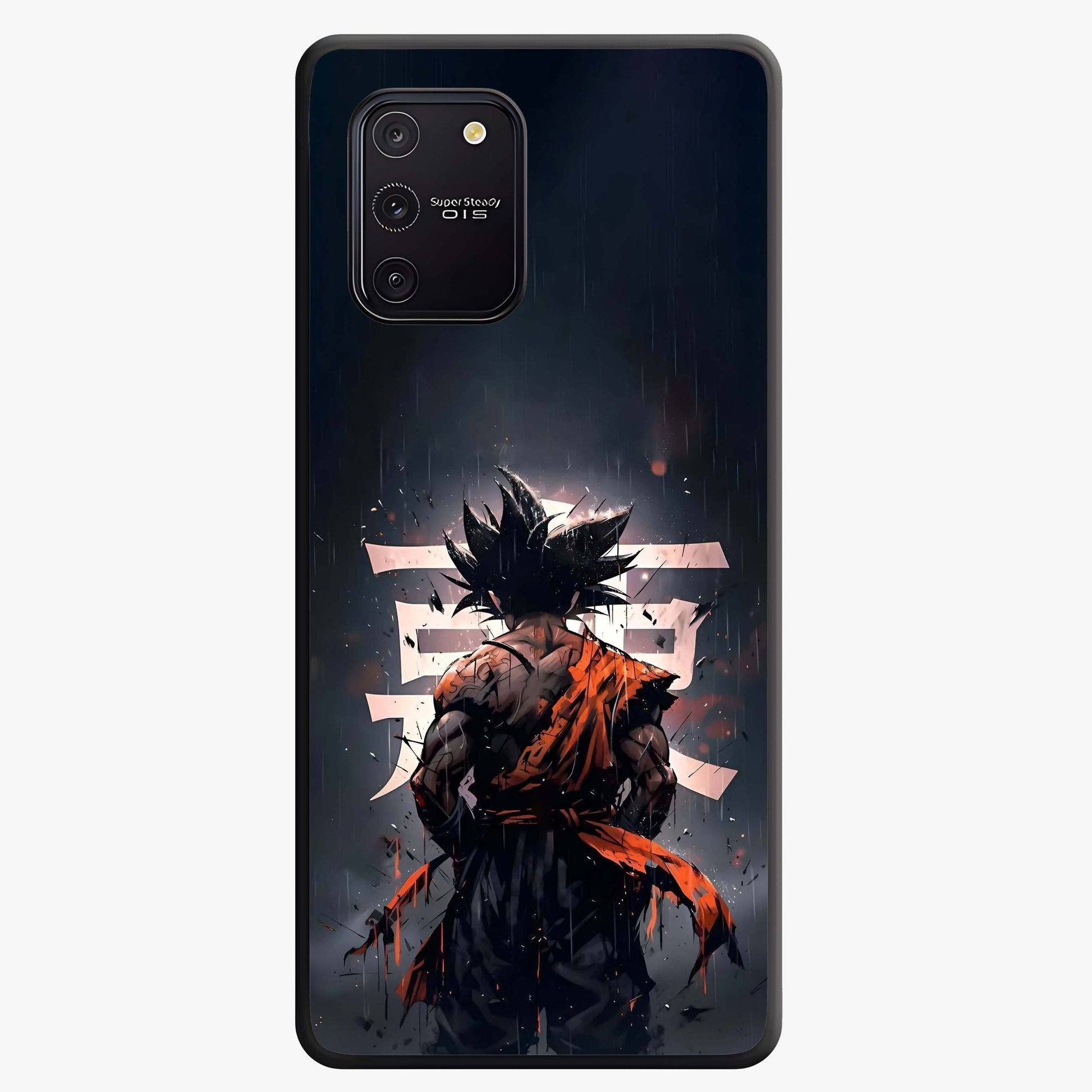 Dark Warrior In Rain Glass Case showing flat back view with warrior artwork in rainy atmosphere and glossy glass finish.