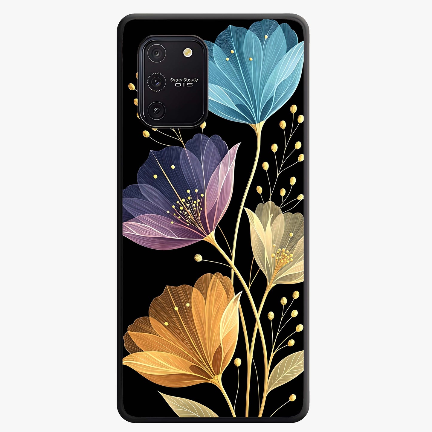 Delicate Multicolor Flowers Glass Case showing flat back view with vibrant floral artwork and glossy glass finish.