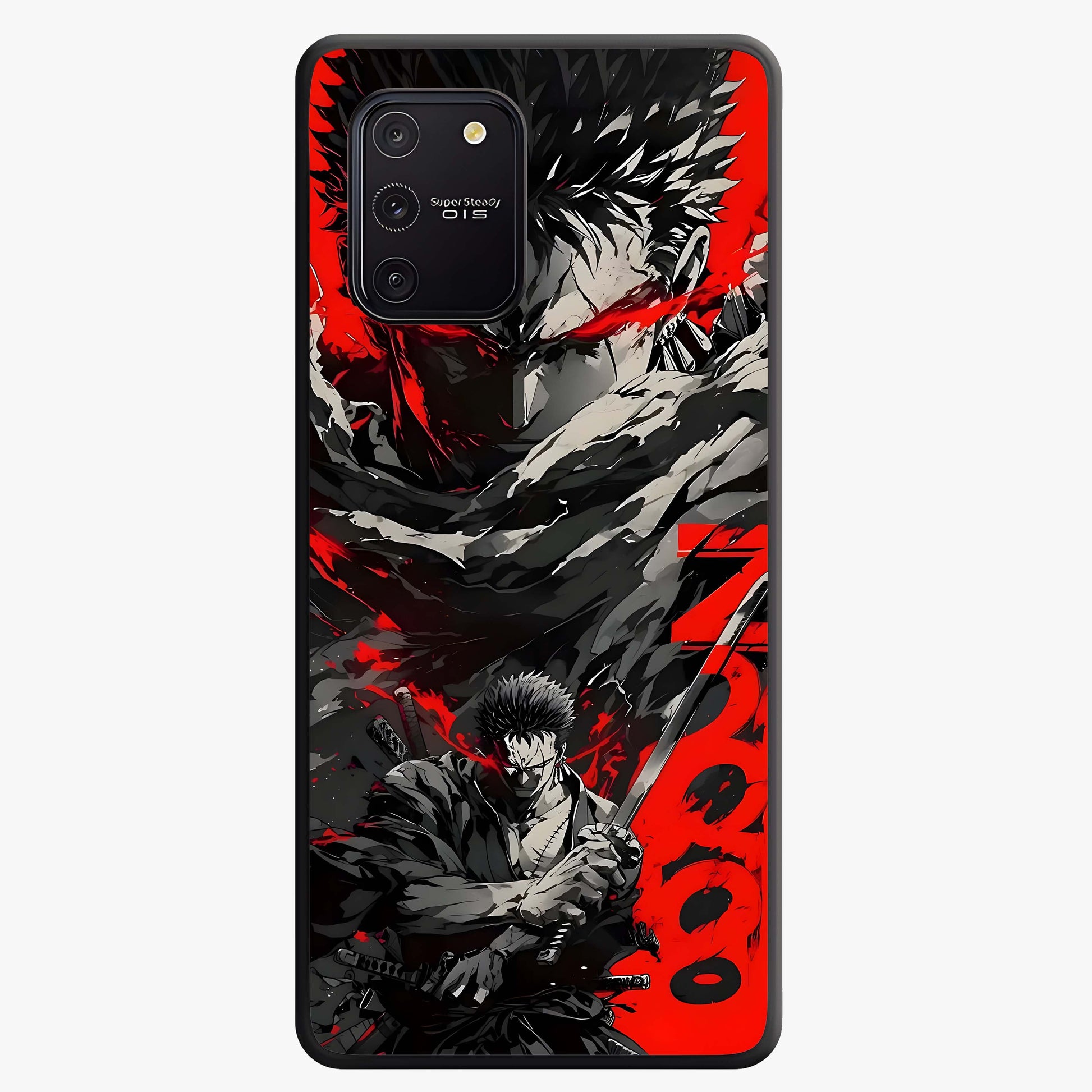 Demon Sword Resolve Glass Case showing flat back view with fierce sword warrior artwork and glossy glass finish.