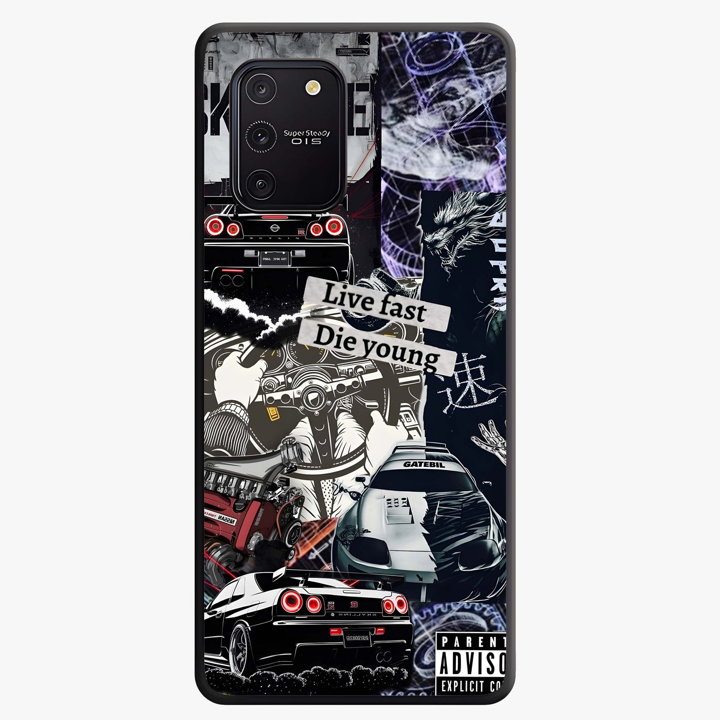Die Young Glass Case showing flat back view with bold artistic typography design and glossy glass finish.