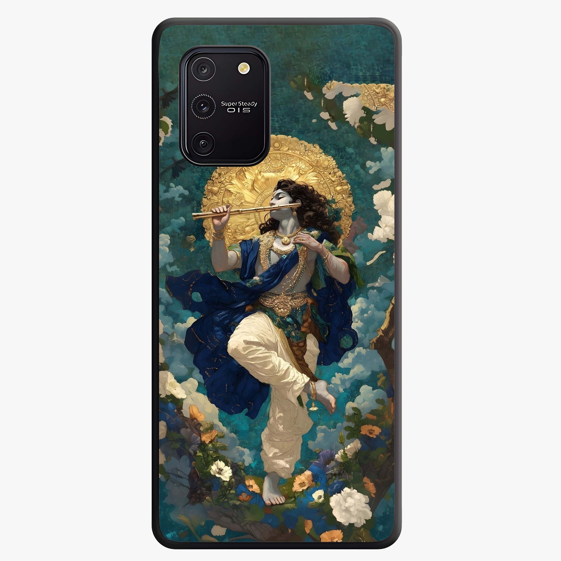 Divine Krishna Art Glass Case showing flat back view with Lord Krishna artwork and glossy glass finish.