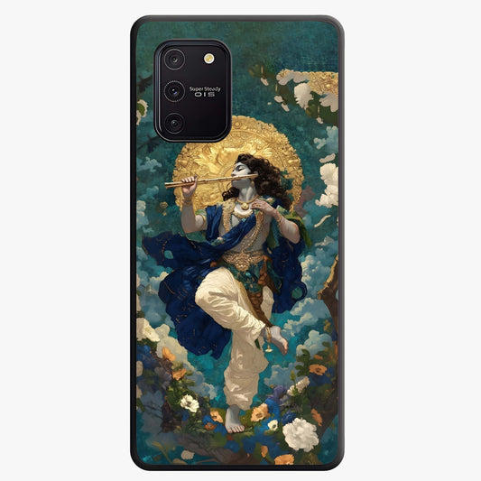 Divine Krishna Art Glass Case showing flat back view with Lord Krishna artwork and glossy glass finish.