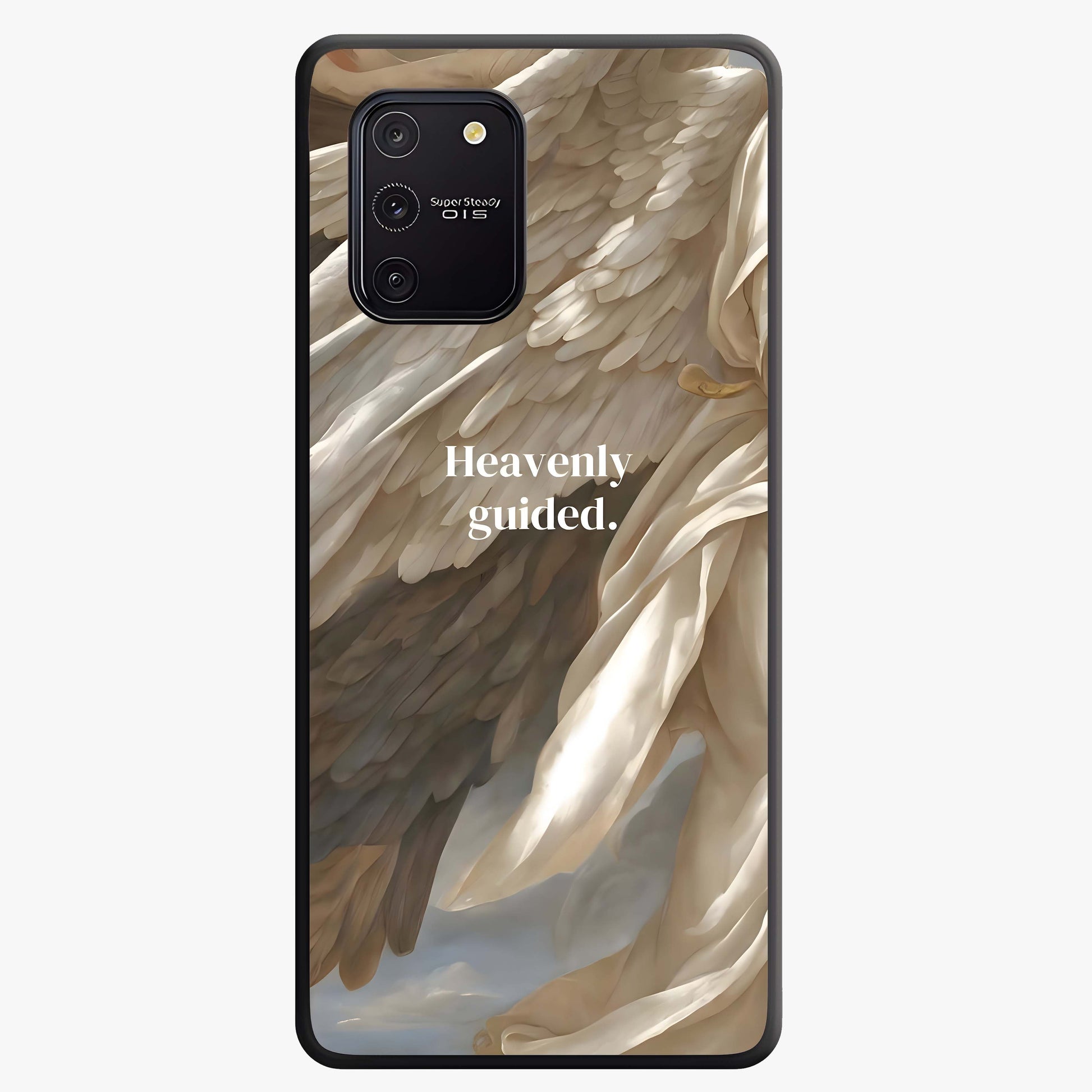 Divine Winged Grace Glass Case showing flat back view with elegant wing inspired artwork and glossy glass finish.