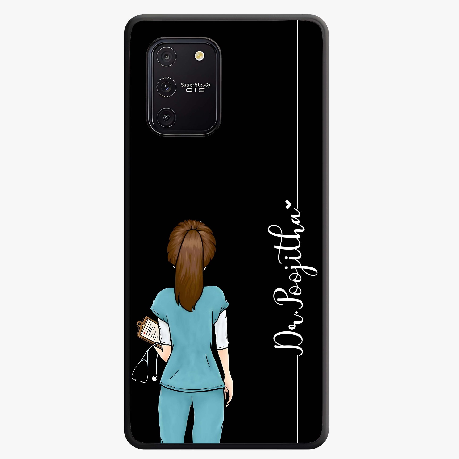 Doctor Pattern Custom Name Glass Case showing flat back view with medical themed pattern and personalized name design.