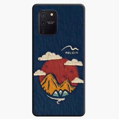 Dream Beyond Mountains Glass Case showing flat back view with scenic mountain landscape artwork and glossy glass finish.