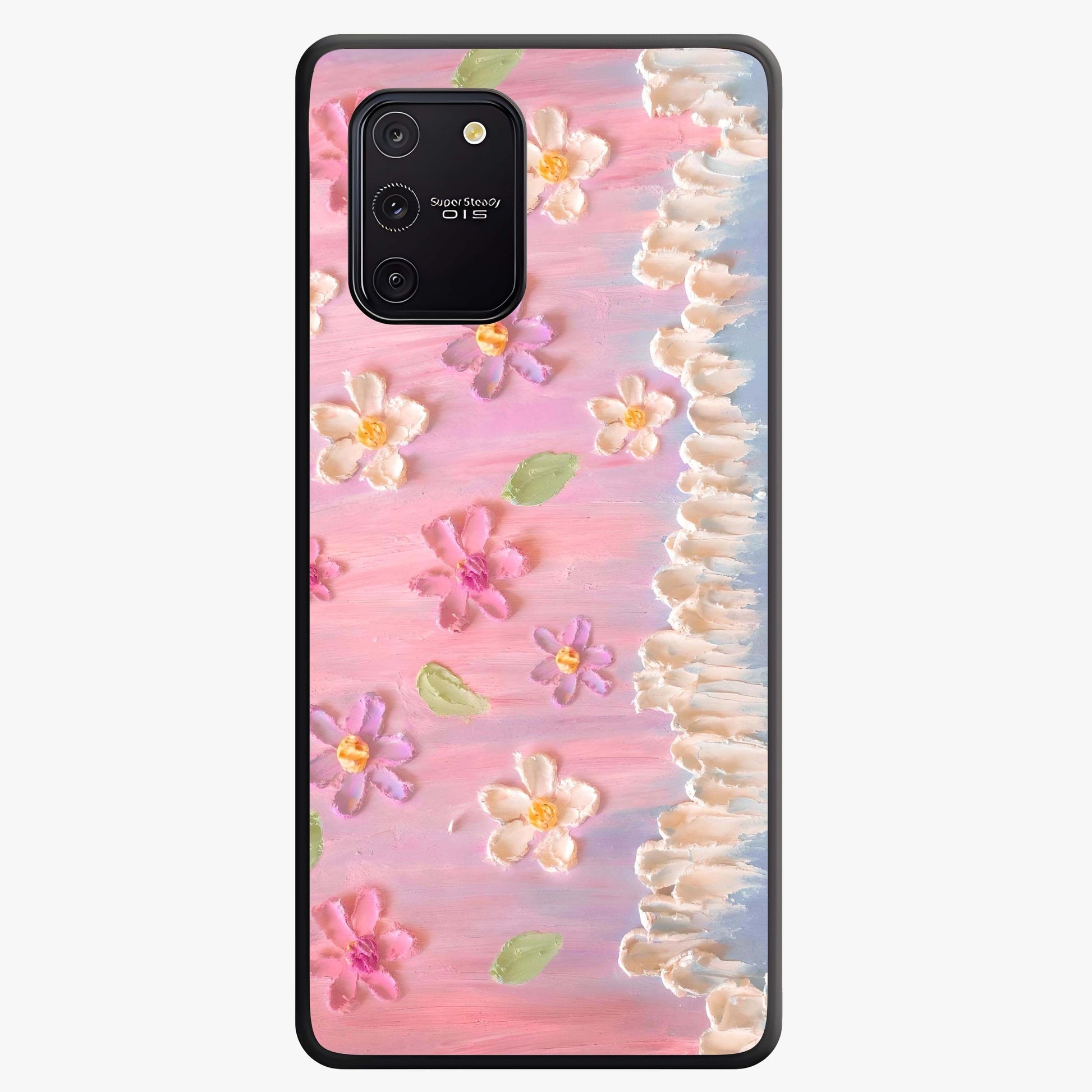 Dreamy Painted Garden Glass Case showing flat back view with artistic painted floral garden artwork and glossy glass finish.