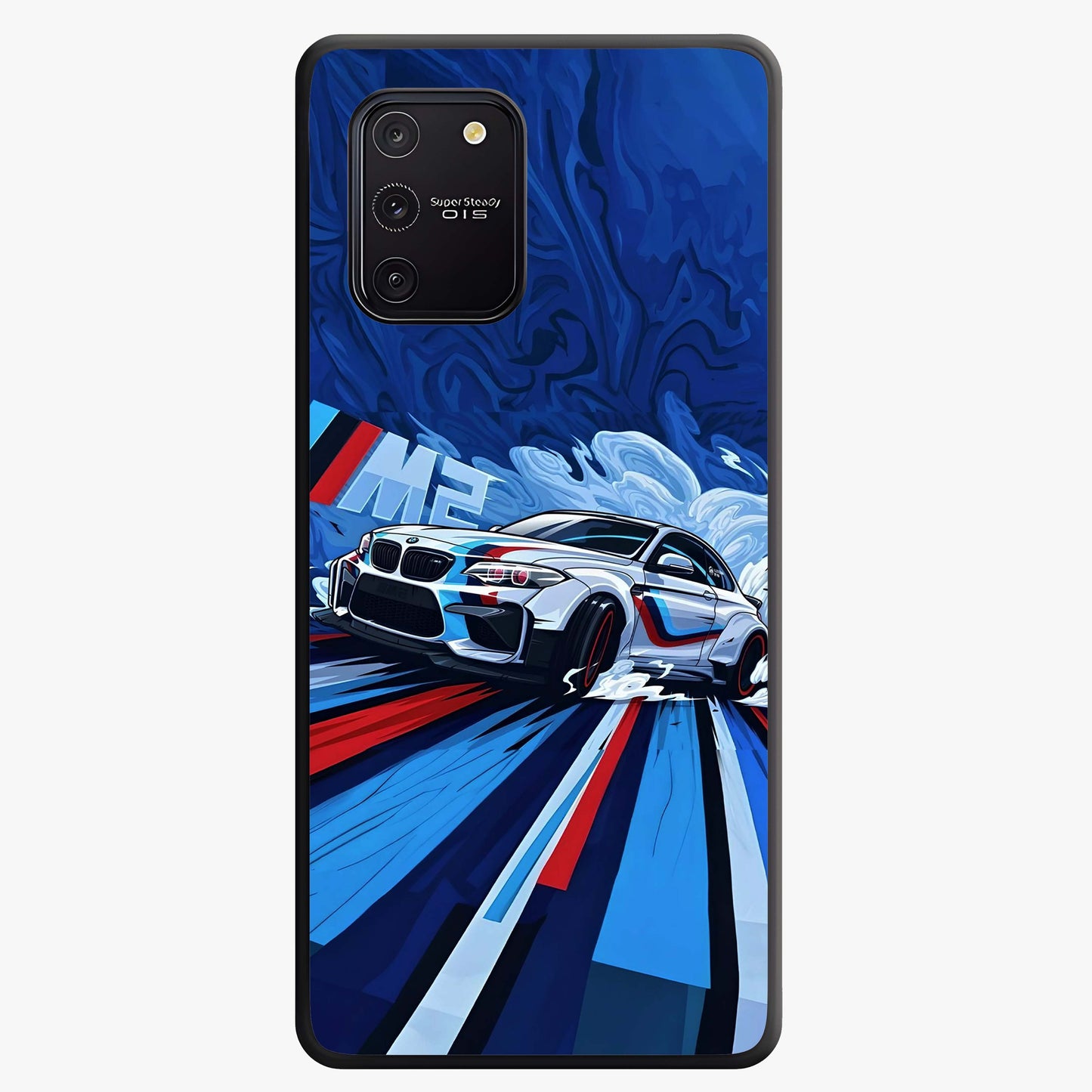 Drift Power Rush Glass Case showing flat back view with dynamic racing inspired artwork and glossy glass finish.