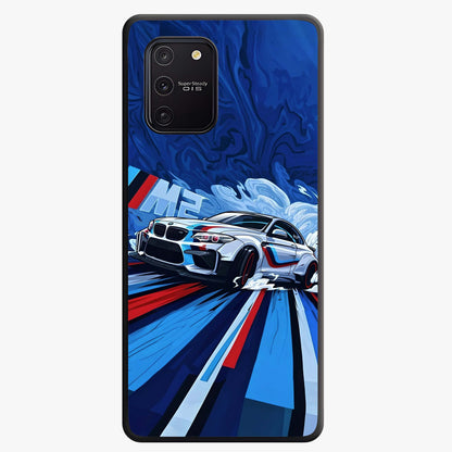 Drift Power Rush Glass Case showing flat back view with dynamic racing inspired artwork and glossy glass finish.