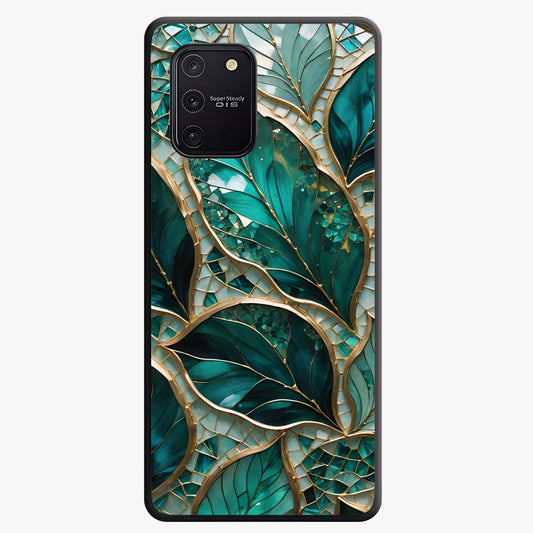 Emerald Leaf Glass Glass Case showing flat back view with emerald green leaf artwork and glossy glass finish.