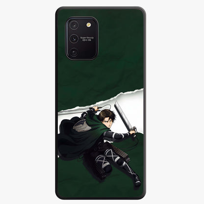Emerald War Vanguard Glass Case showing flat back view with powerful warrior themed artwork and glossy glass finish.