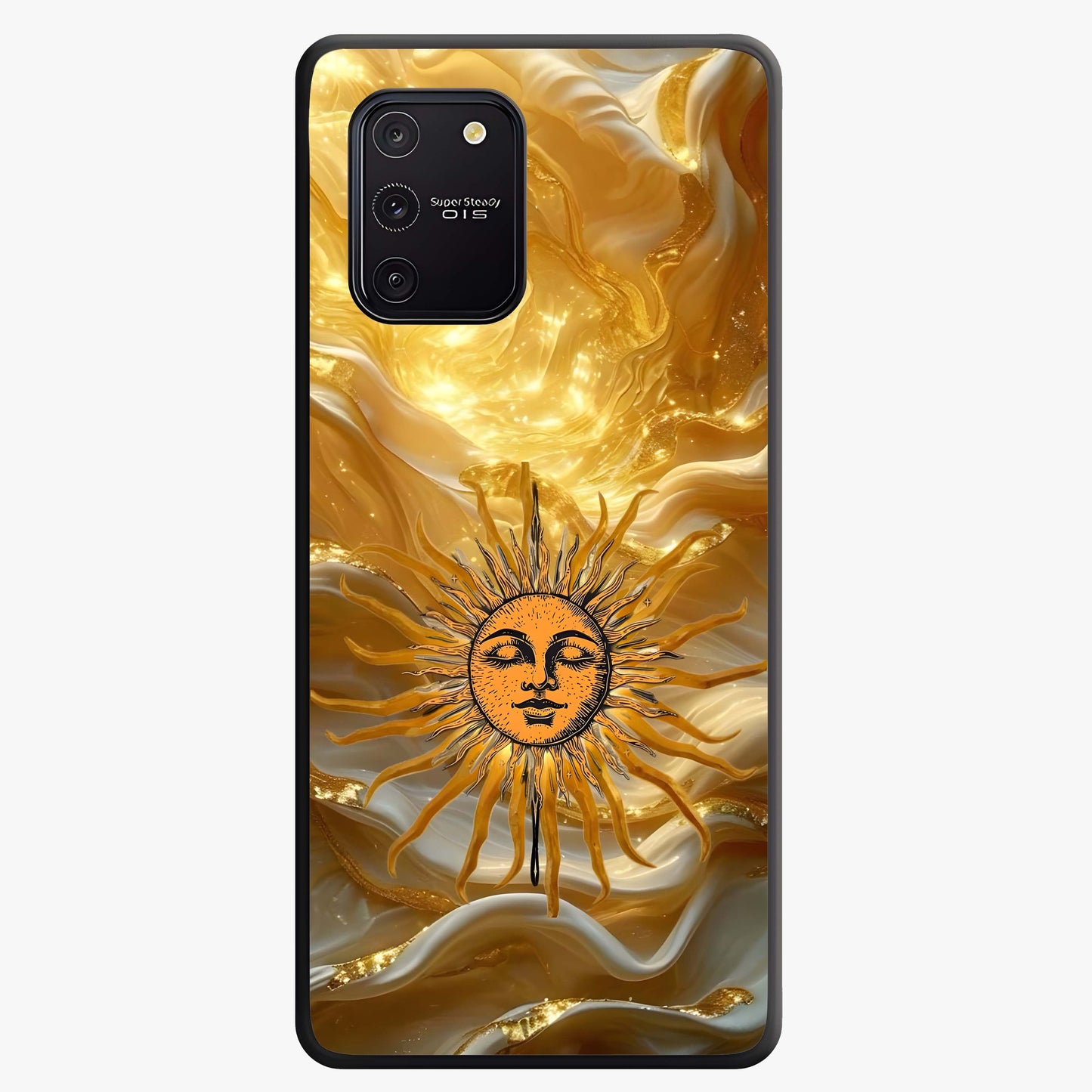 Eternal Golden Glow Glass Case showing flat back view with radiant golden themed artwork and glossy glass finish.