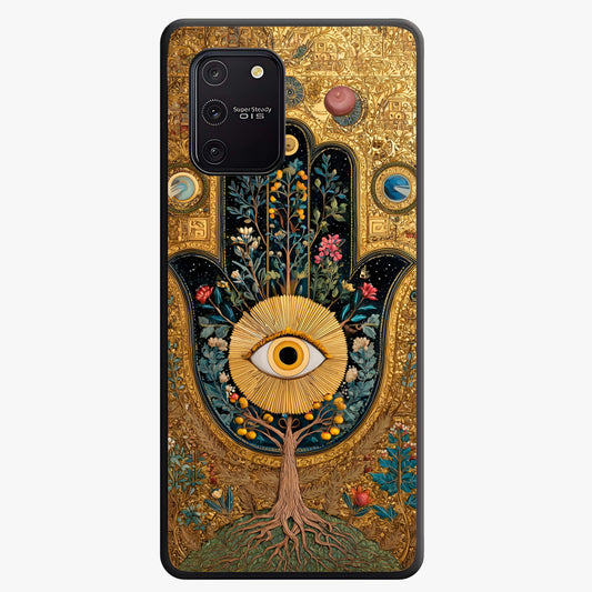 Ethereal Evil Eye Glass Case showing flat back view with mystical evil eye artwork and glossy glass finish.