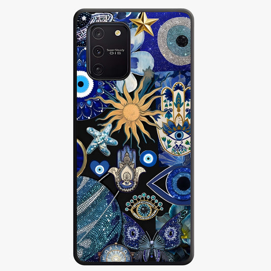 Evil Eye Charm Mix Glass Case showing flat back view with multiple evil eye charms artwork and glossy glass finish.