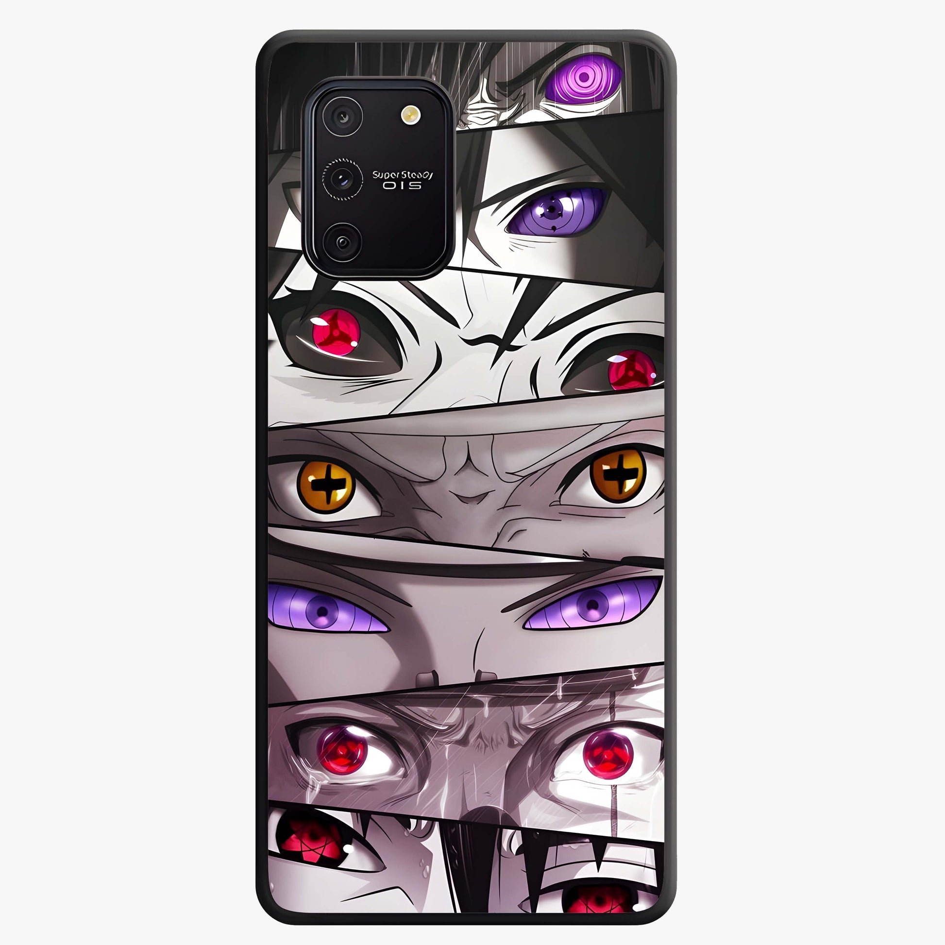 Eyes of Destiny Glass Case showing flat back view with striking eye themed artwork and glossy glass finish.