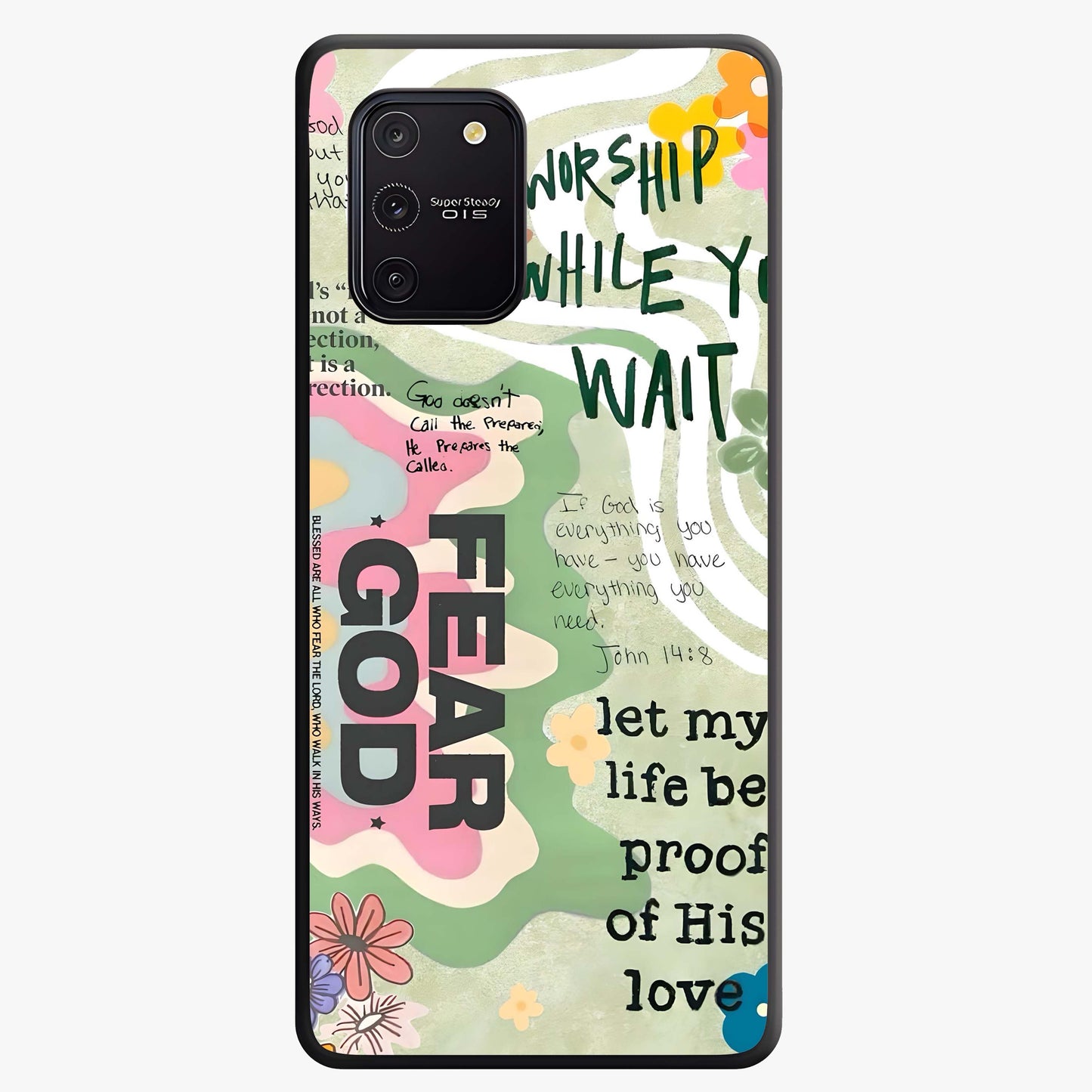 Faith Over Fear Glass Case showing flat back view with motivational typography artwork and glossy glass finish.