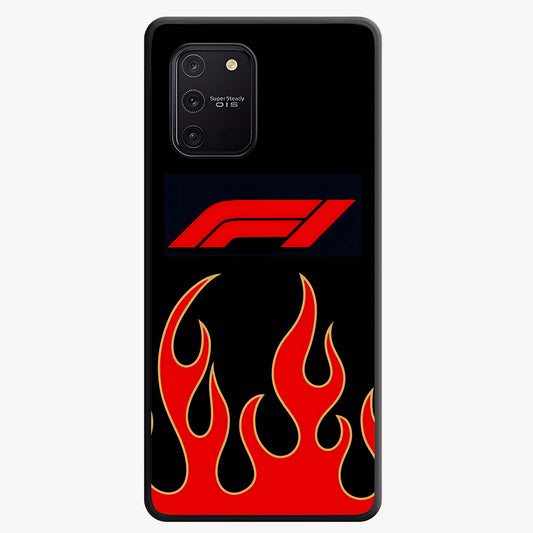 Fire F11 Glass Case showing flat back view with fiery themed artwork and glossy glass finish.