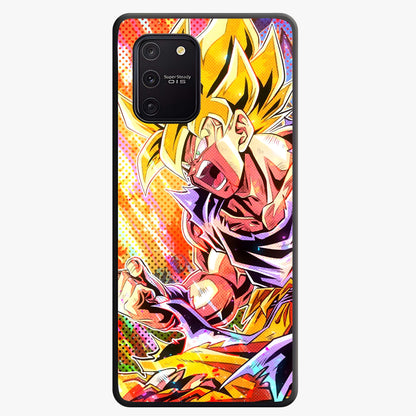 Firing Goku Glass Case showing flat back view with powerful anime inspired artwork and glossy glass finish.