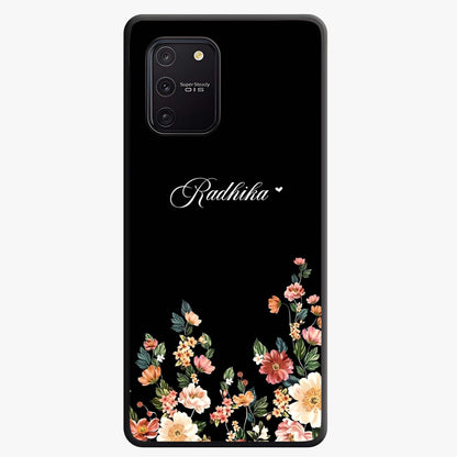 Floral Design With a Custom Personalized Name Glass Case showing flat back view with floral artwork and personalized name design.