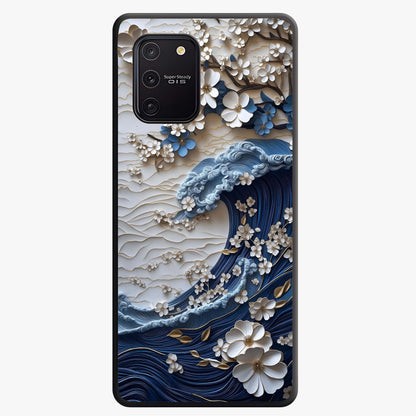 Floral Wave Origami Glass Case showing flat back view with origami inspired floral wave artwork and glossy glass finish.