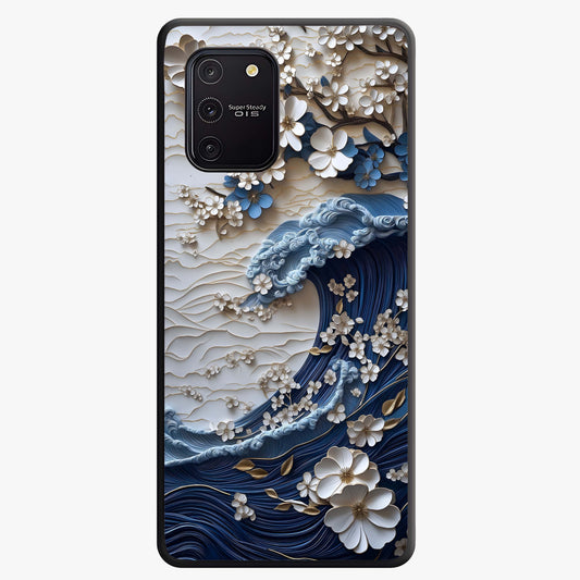Floral Wave Origami Glass Case showing flat back view with origami inspired floral wave artwork and glossy glass finish.