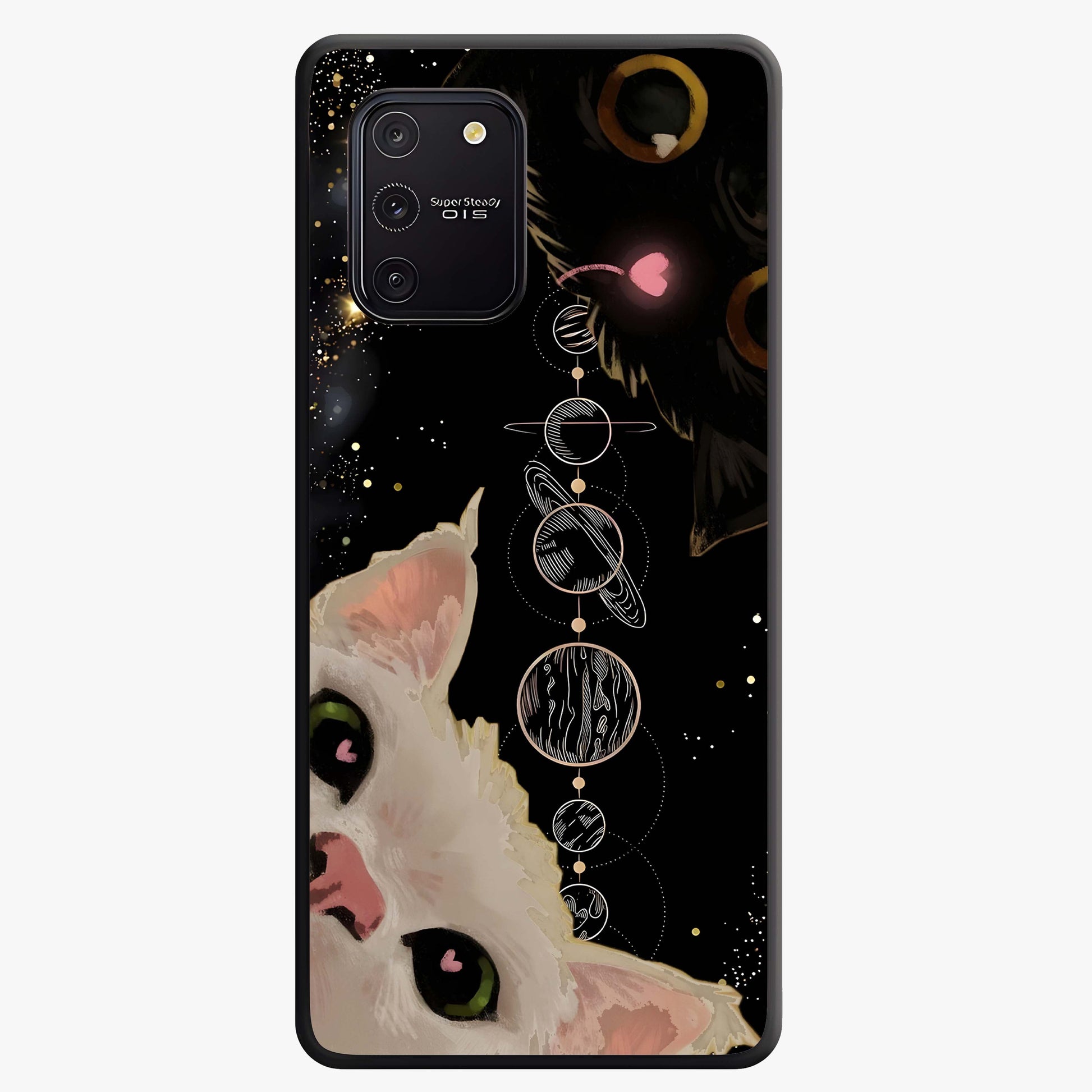Galactic Cat Glass Case showing flat back view with cosmic cat artwork and glossy glass finish.