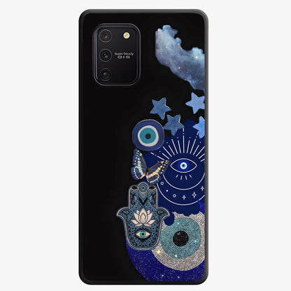 Galactic Charm Cluster Glass Case showing flat back view with glowing celestial charm artwork and glossy glass finish.