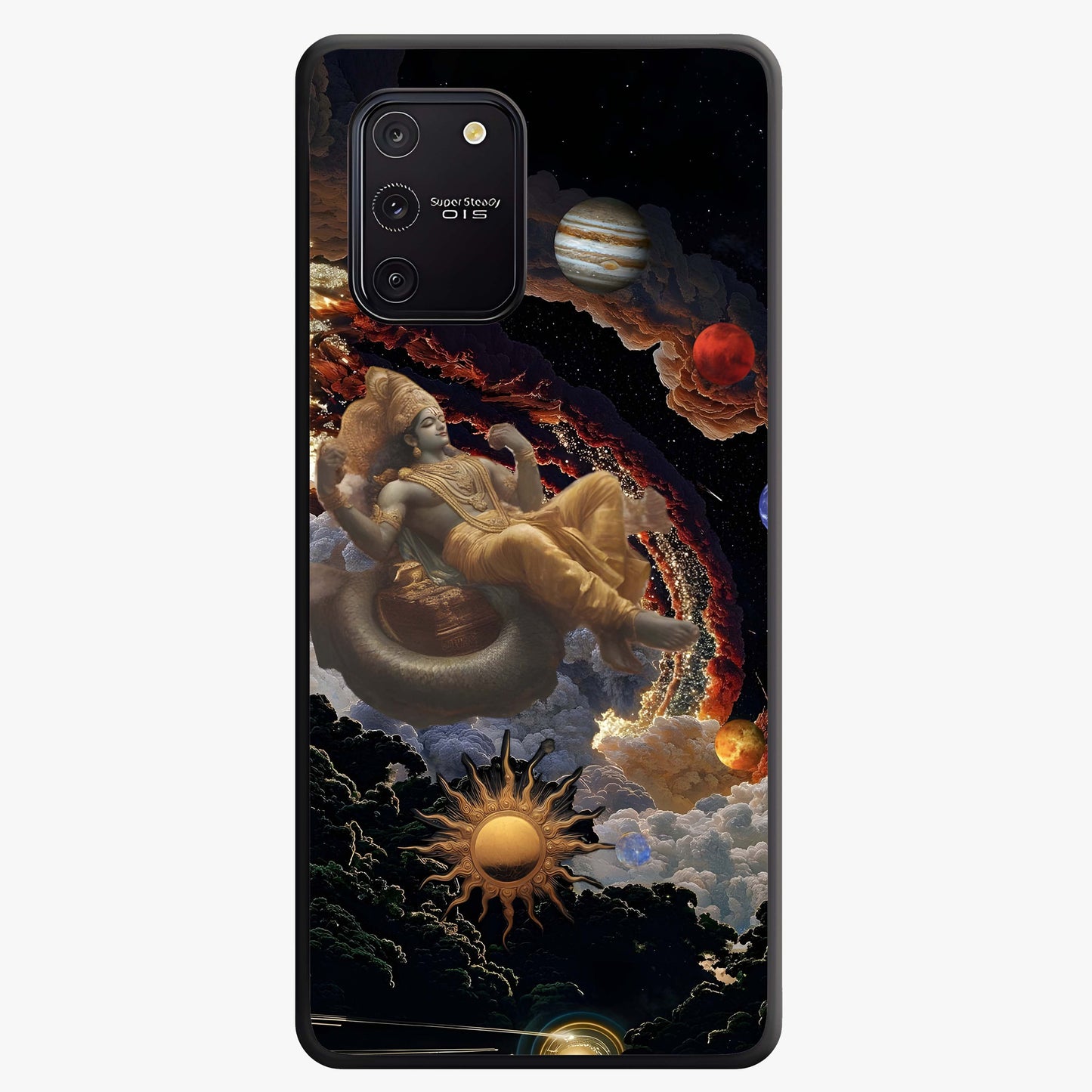 Galactic Divine God Glass Case showing flat back view with divine cosmic themed artwork and glossy glass finish.