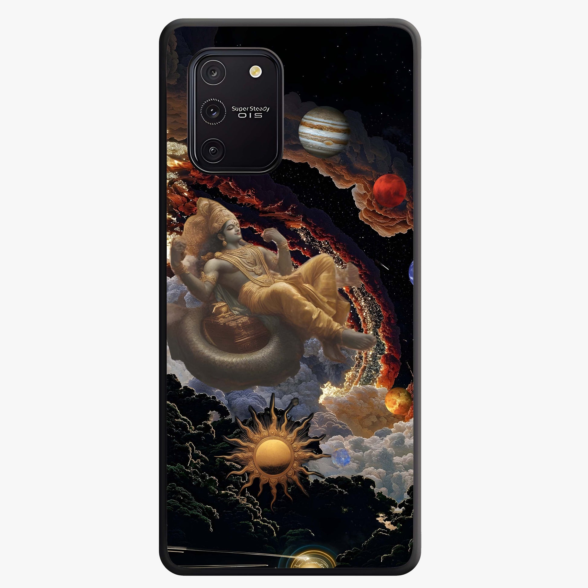 Galactic Divine God Glass Case showing flat back view with divine cosmic themed artwork and glossy glass finish.