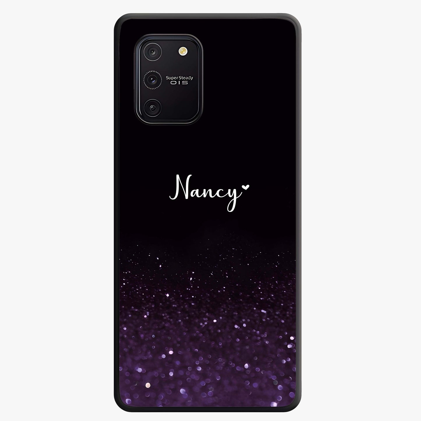 Glittery Purple Bokeh Custom Name Glass Case showing flat back view with purple bokeh sparkle artwork and personalized name design.