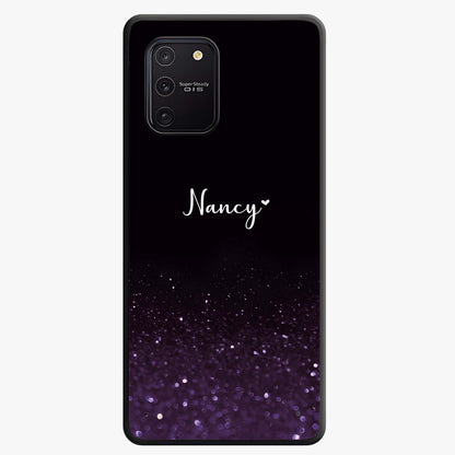 Glittery Purple Bokeh Custom Name Glass Case showing flat back view with purple bokeh sparkle artwork and personalized name design.