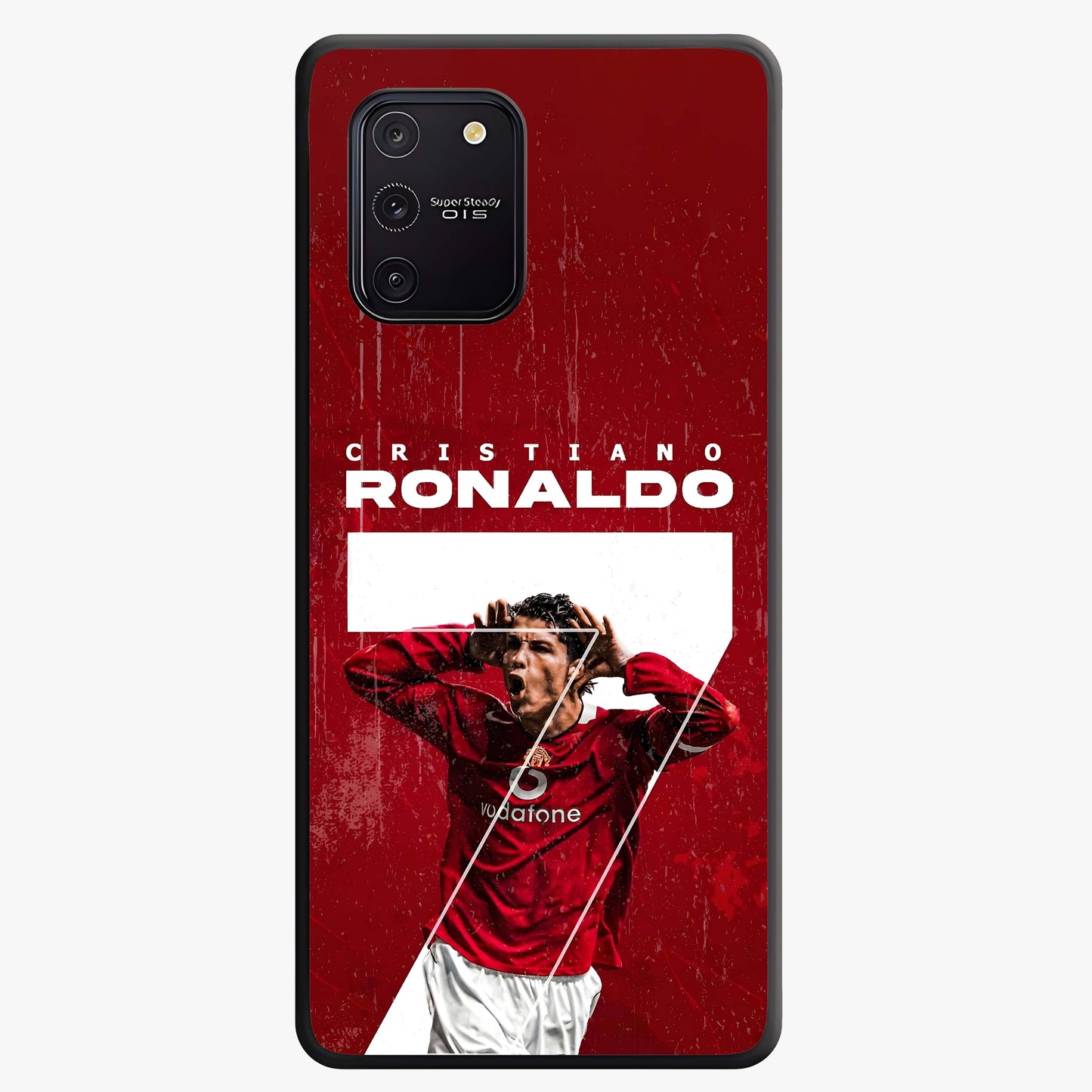 Goal Celebration Legacy Glass Case showing flat back view with football celebration inspired artwork and glossy glass finish.