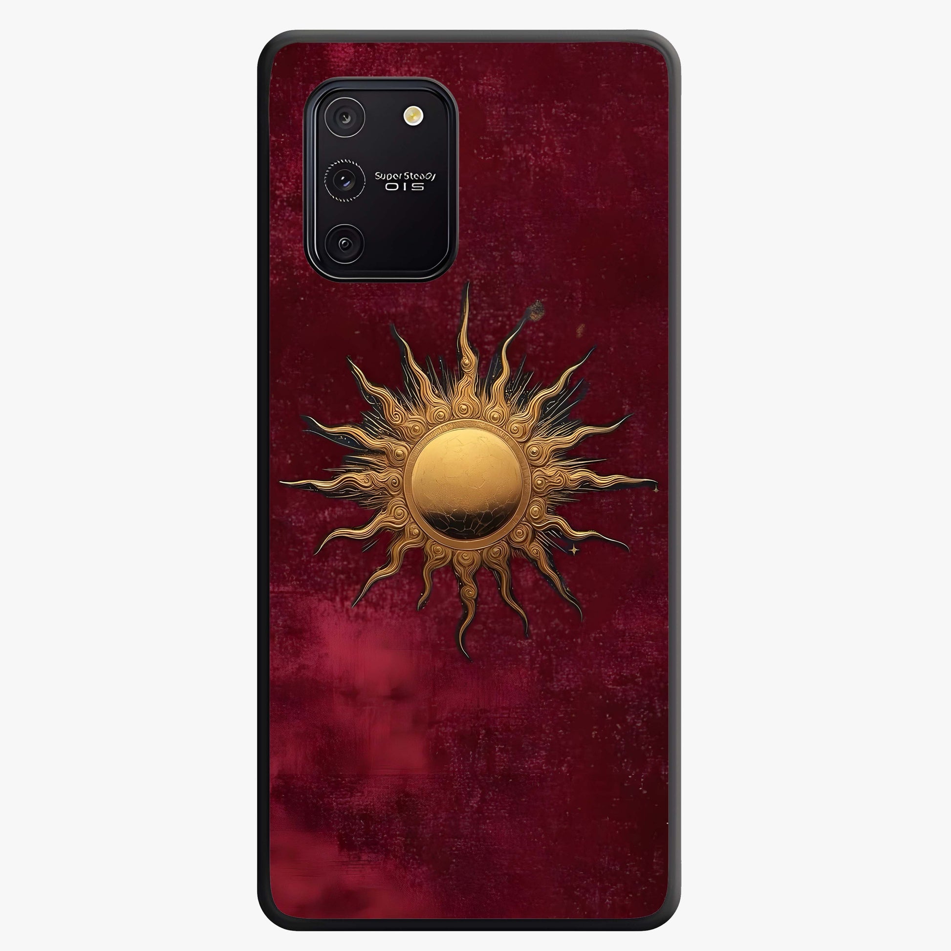 Gold Sun Blush Glass Case showing flat back view with golden sun inspired artwork and glossy glass finish.