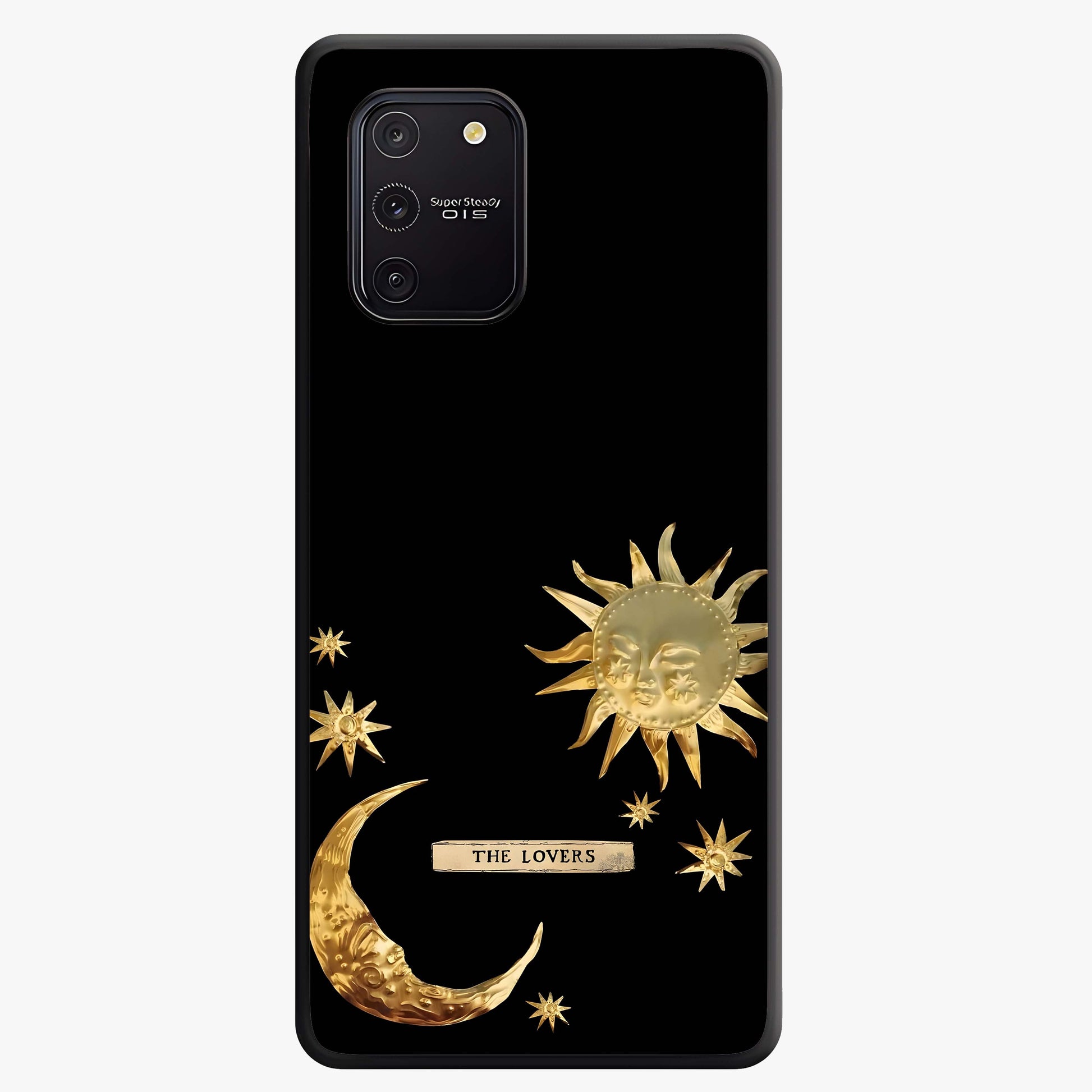 Golden Celestial Charm Glass Case showing flat back view with golden celestial charm artwork and glossy glass finish.