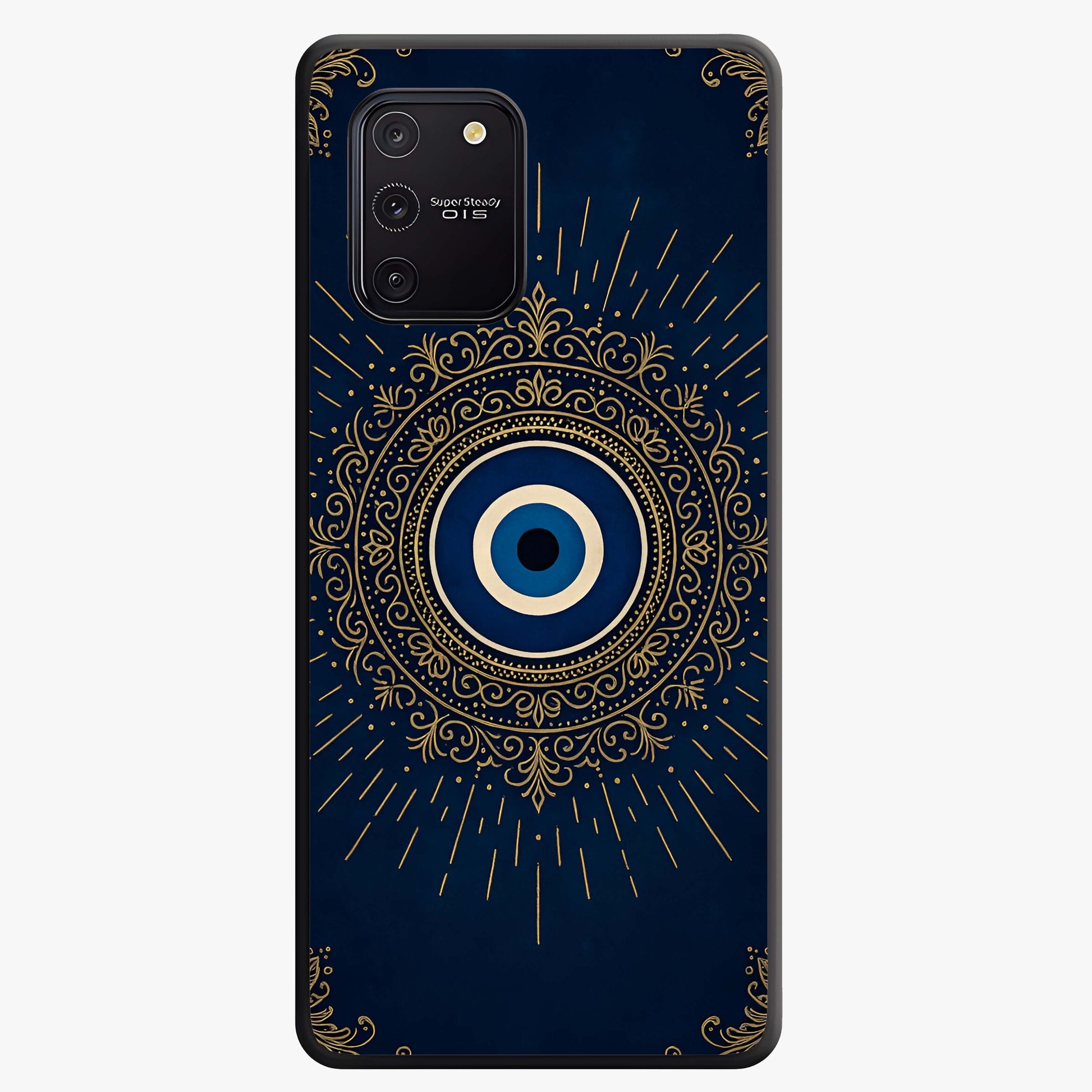 Golden Evil Eye Mandala Glass Case showing flat back view with intricate evil eye mandala artwork and glossy glass finish.