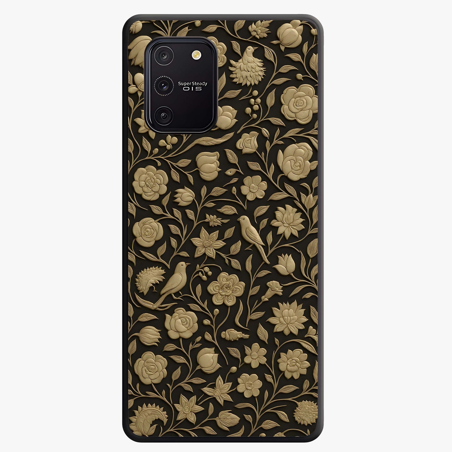 Golden Floral Majesty Glass Case showing flat back view with luxurious golden floral artwork and glossy glass finish.