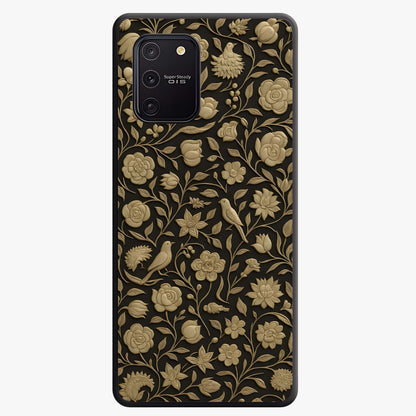 Golden Floral Majesty Glass Case showing flat back view with luxurious golden floral artwork and glossy glass finish.