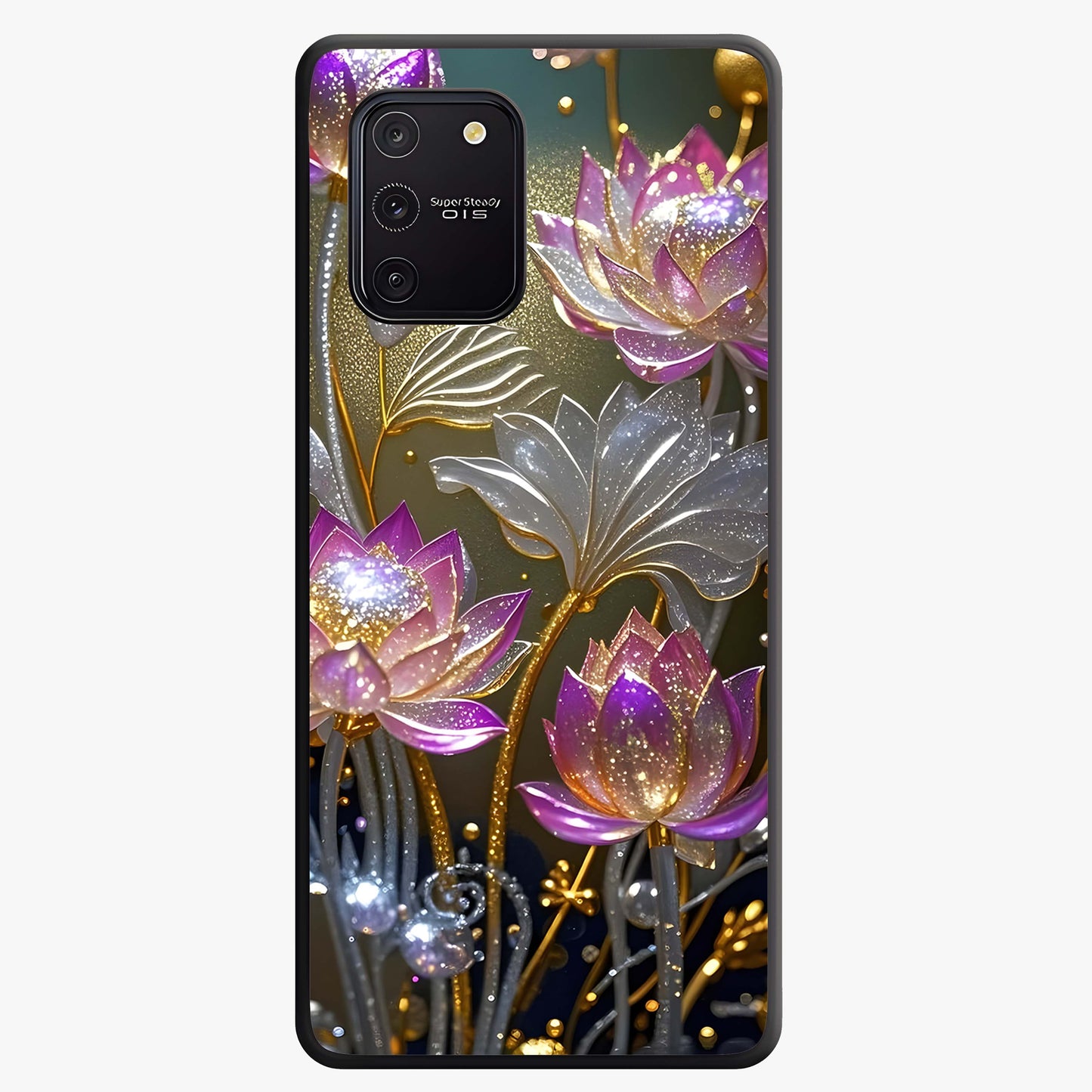 Golden Lotus Glow Glass Case showing flat back view with glowing lotus flower artwork and glossy glass finish.