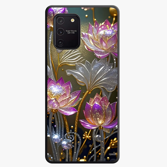 Golden Lotus Glow Glass Case showing flat back view with glowing lotus flower artwork and glossy glass finish.