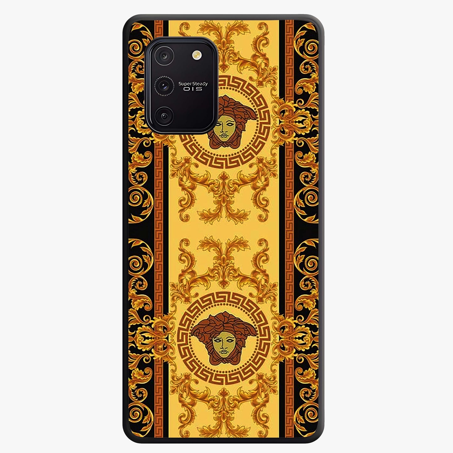Golden Royal Heritage Glass Case showing flat back view with ornate royal pattern artwork and glossy glass finish.