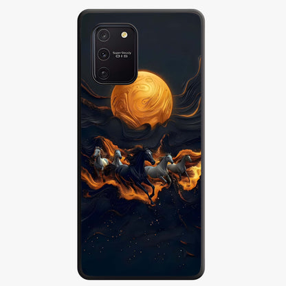 Golden Stallion Moonride Glass Case showing flat back view with majestic horse under moonlight artwork and glossy glass finish.