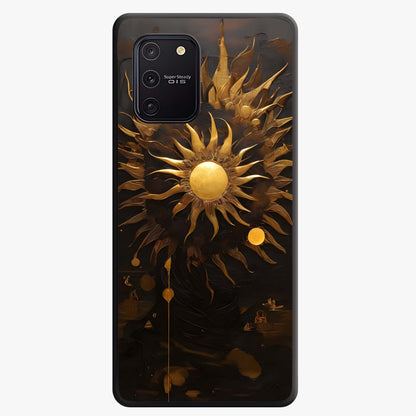 Golden Sun Majesty Glass Case showing flat back view with radiant golden sun artwork and glossy glass finish.
