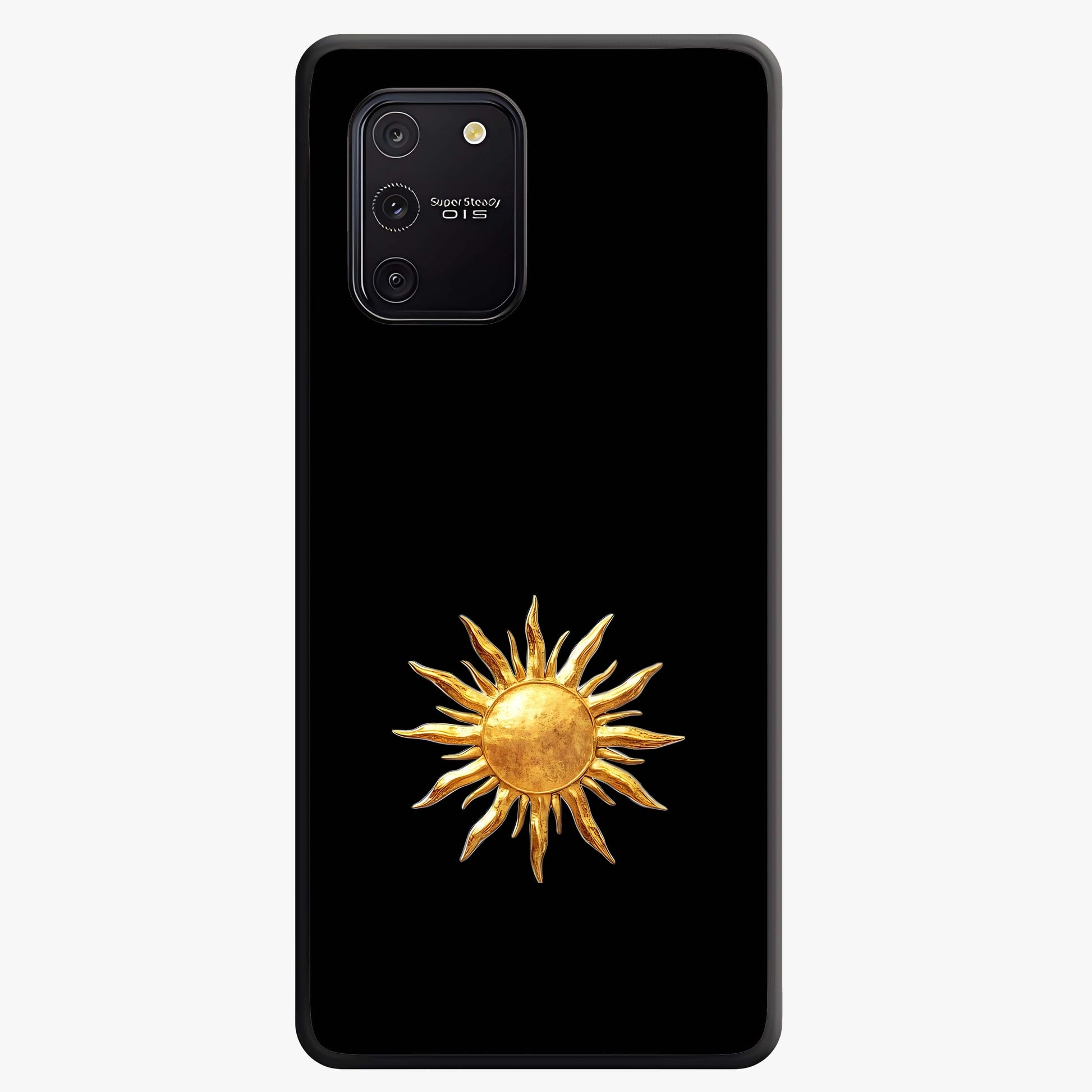 Golden Sun Minimalism Glass Case showing flat back view with minimal golden sun artwork and glossy glass finish.