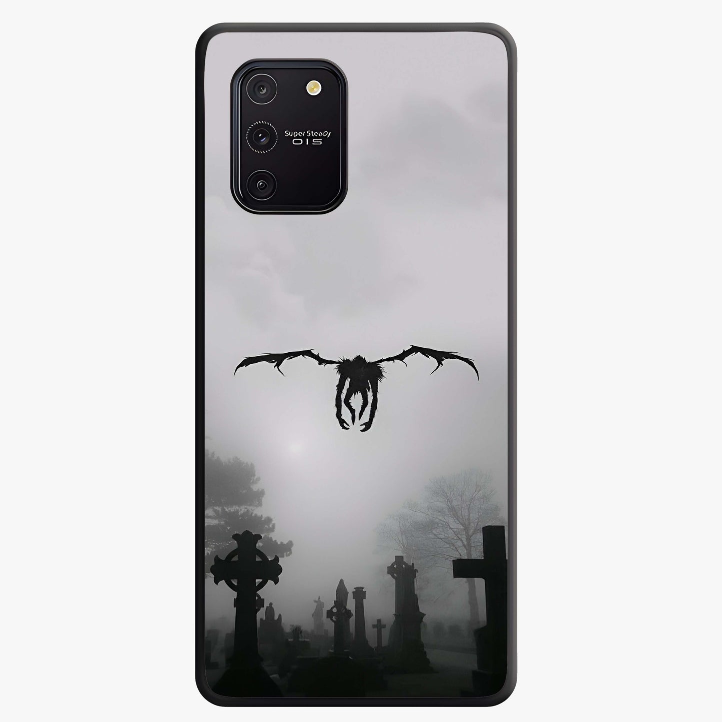 Graveyard Shadow Descent Glass Case showing flat back view with dark graveyard themed artwork and glossy glass finish.